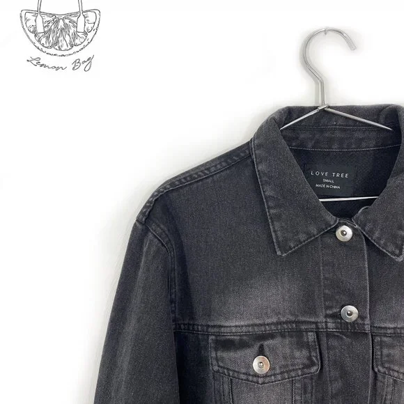 Love Tree / Jean Jacket Decor on the Back/ Black Grey / Size S - Picture 7 of 8